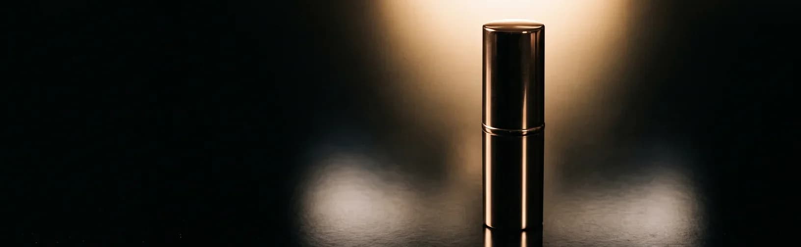A single lipstick standing upright on a glossy black surface, lit from above